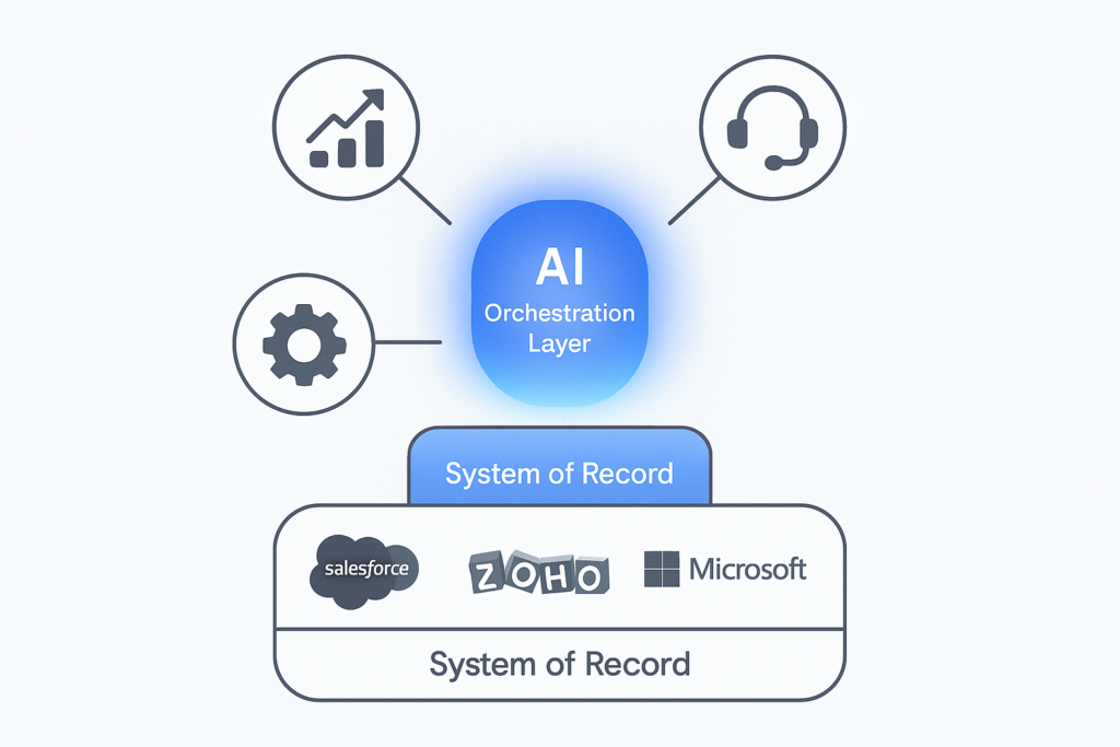 Abstract AI connecting Sales, Marketing, and Operations for SMB workflows